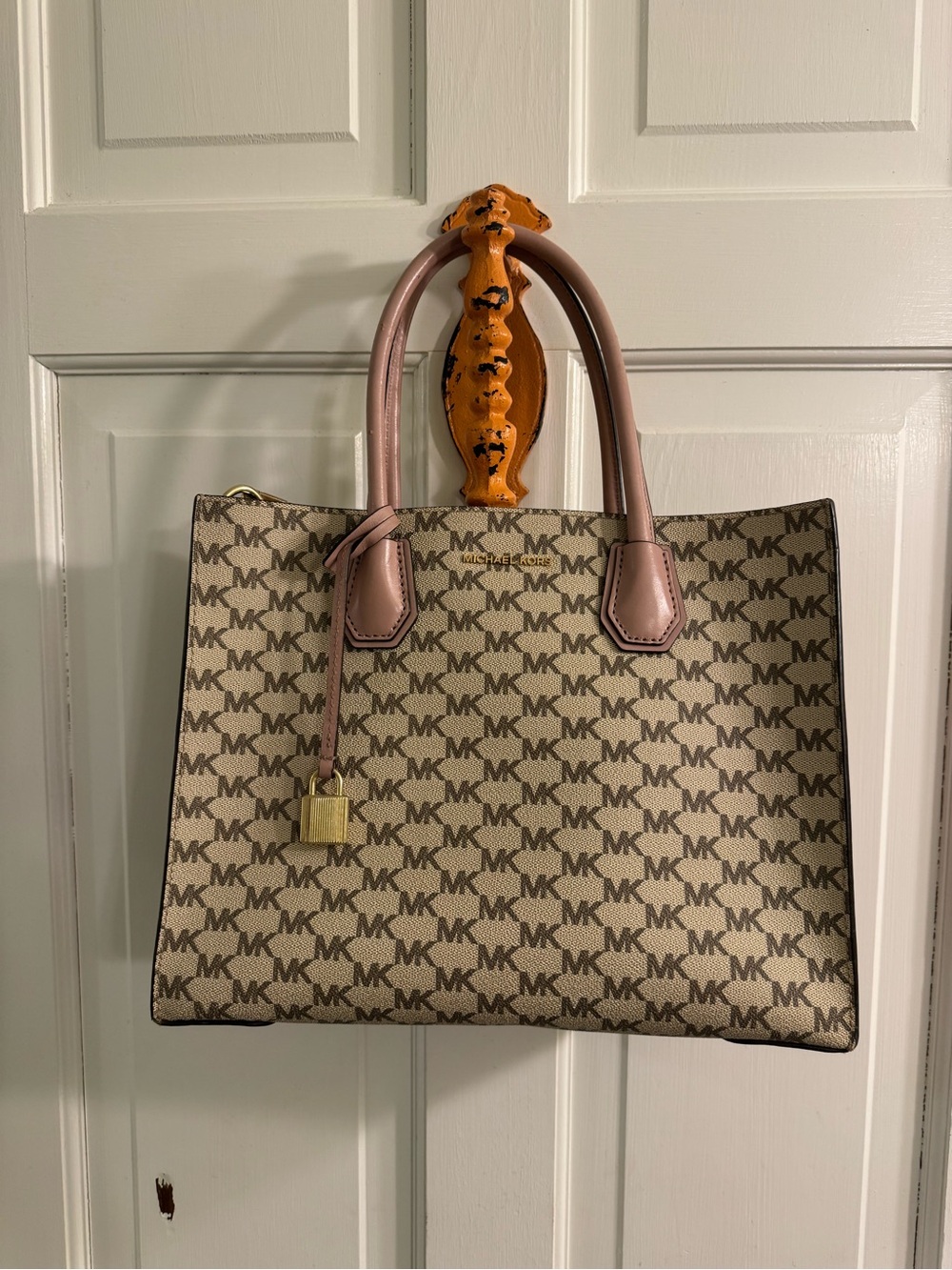 Michael Kors Taupe MK Monogram Tote with Pink Handles